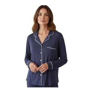 Cozy Earth Bamboo Long Sleeve Pajama Top Stretch Knit Button Up Navy Women Sz  L